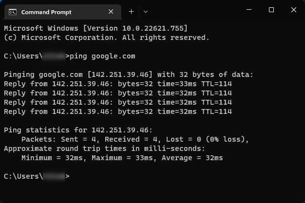 Ping the side command prompt